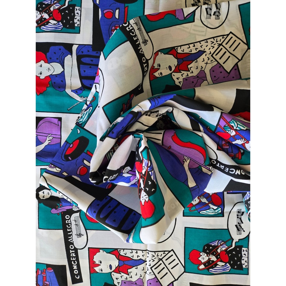 Vintage Concert Allegro Novelty Print Fabric 59x44 Pop Art Musicians Cars Teal